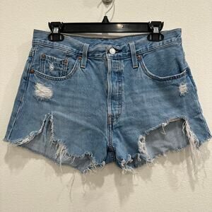 Levis 501 Jean Shorts Womens 29 Medium Wash Custom Distressed Summer Festival